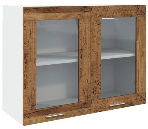 Mhdvray Hängeglasschrank Lyon in Altholz-Optik, Wandschrank Küche mit Glastür, Küchenhängeschrank aus Holzwerkstoff und Glas, Wandschrank für Geschirr, 80 x 31 x 60 cm