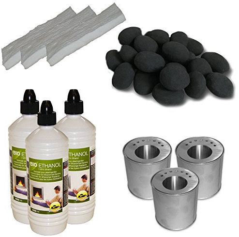 Set di pietre ceramiche originali hekers 24pz NERO+3 litri di bioetanolo+3 barattoli+3 spugne in ceramica per caminetto a gel