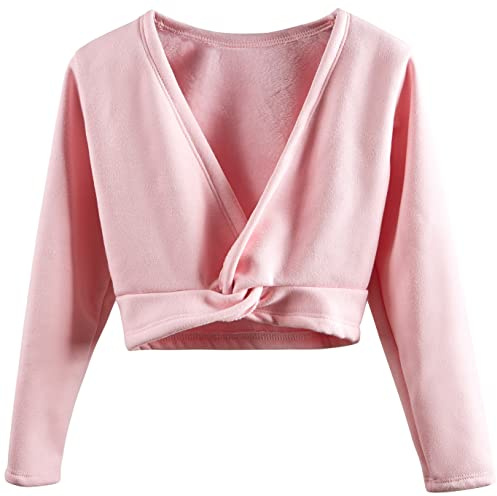 DANSHOW Girls Ballet Wrap Tops Kids Long Sleeve Dance Sweater,Velvet Inner(824-160-08) Pink