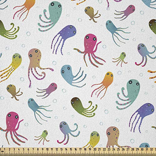 ABAKUHAUS Tintenfisch Stoff als Meterware, Maritime Cartoon-Stil, Microfaser Multi Zweck Dekostoff für Kunsthandwerke, 3M (230x300cm), Mehrfarbig