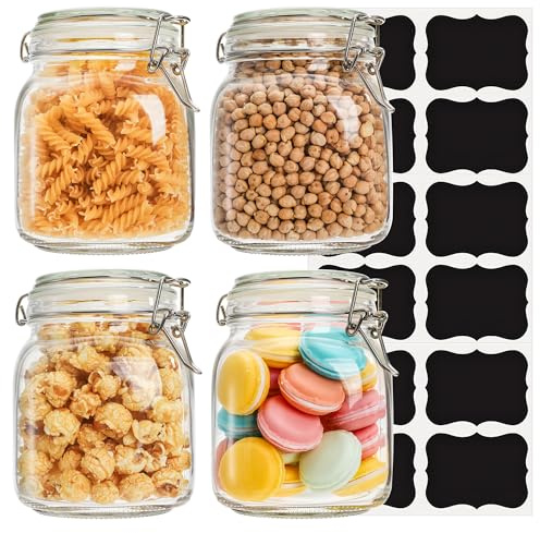 Kingrol 34 oz / 1000 ml Glass Storage Jars (Set of 4), Airtight Clamp Lid Canisters with Wide Mouth for Pantry Organization, Pickling, Fermentation & Dry Food Storage