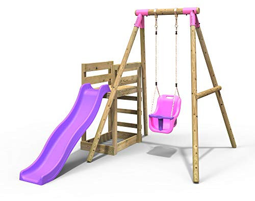 Rebo® Wooden Swing Set Plus Deck and Slide - Pluto Pink | OutdoorToys | Kids' Outdoor Wooden Play Equipment for Gardens, Frame and Accessories Included, Weather Resistant