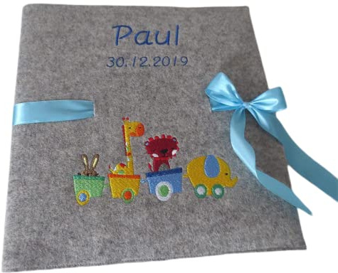 Fotoalbum Kind/Baby Album Name Zug Junge Mädchen Geburt Wollfilz 30 cm x 30 cm