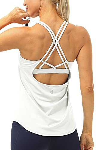 icyzone Damer sport yoga linne, topp med integrerad bh - 2 i 1 sporttoppar, fitness, gym, skjortor, Vit, S