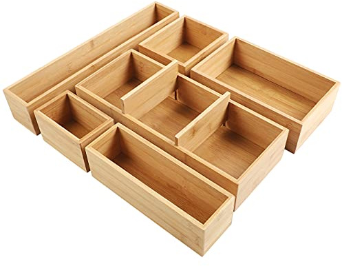 Kootek Bamboo Drawer Organizer with Removable Dividers, 6 Pcs Adjustable Kitchen Drawer Organizer Utensils Bamboo Organizers Silverware Storage Box Cutlery Tray Multi-Use for Bathroom, Makeup, Office