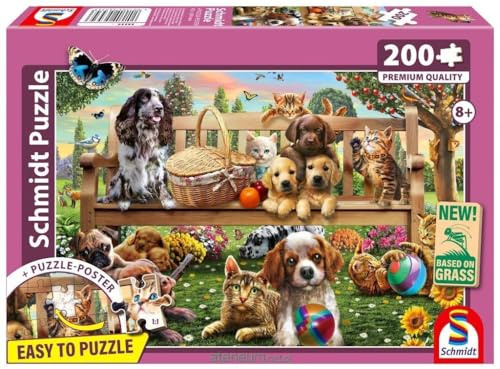 Schmidt 56534 Gartenpicknick Kinderpuzzle, 200 Teile | Hund und Katze Motiv