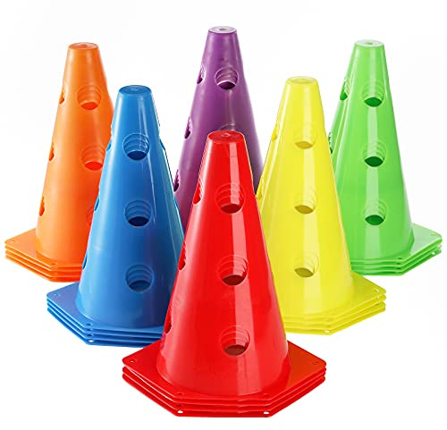 Suwimut 24 Pack Plastic Agility Cones, 23cm / 9 Inch Indoor Outdoor Sports Soccer Flexible Cone Sets for Training, Party, Activity, Traffic, Drills, Basketball, Soccer, Assorted Colors