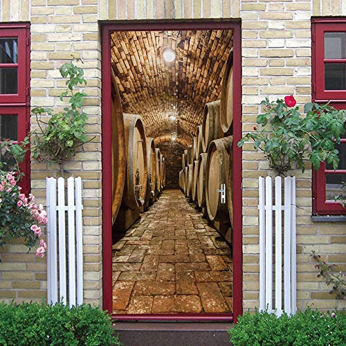 CBWRAW Stickers De Porte 3D Imperméable Auto-Adhésif Intérieure Art Décoration Trompe l'oeil Cave À Vin en Tonneau De Chêne Sticker Muraux pour Adulte Enfant Salle Bain Salon Chambre Poster 77X200cm