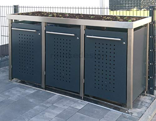Mülltonnenbox mit Pflanzenwanne, Edelstahl-Pfosten für 3 Tonnen (240L und 2x120L) (MW323RT) Antrazit, Mülltonnenhaus, Mülltonnenverkleidung