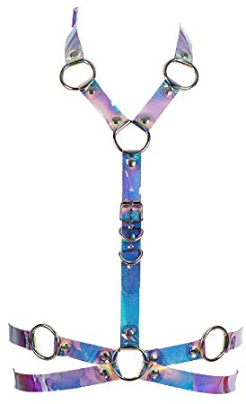 Damen Punk Leder BH Körperketten Schwarz Gürtel Kette Strand Voll Rahmen Taille Käfig Edc Brustgeschirr Charm Party Club Rave Körper Zubehör Schmuck für Leather body harness (Laser bunt)