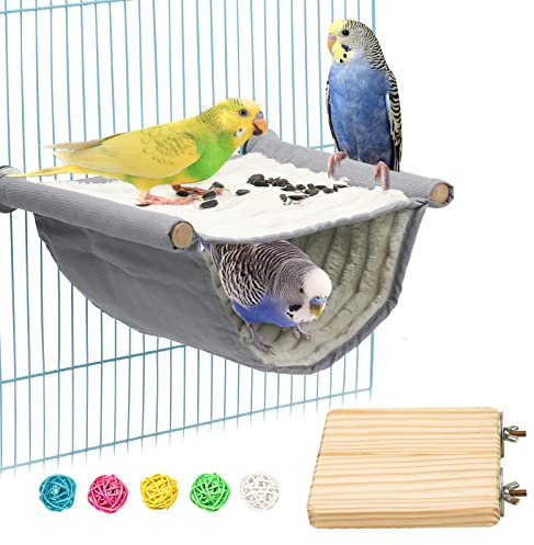 Vogel Hängematte Etagenbett, Vogelnest Höhlen Schlafplätze Vogelkäfig Zubehör Vogel Spielzeug Inkl. Vogelsitzbrett und 5 Rattan Ball für Wellensittich Nymphensittich Finken Hamster Rennmaus (Grau)