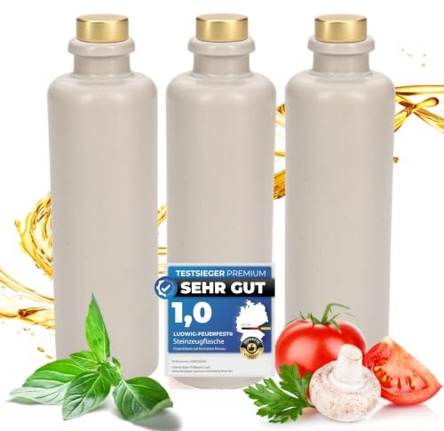 Ludwig- Feuerfest Feinschmecker Essig & Öl – Flaschen mit Ausgießer, Handgefertigtes Made in Germany. Einzigartig, zeitlos und chic. 3x 200ml mit Deluxe- Gold Ausgießern. (3x Mini 0,2l weiß- matt)