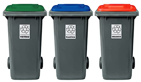 Eplastic Set 3 bidoni porta rifiuti - capacità 120 litri - bicolor con fondo grigio e coperchi colorati per raccolta differenziata (VERDE - ROSSO - BLU)