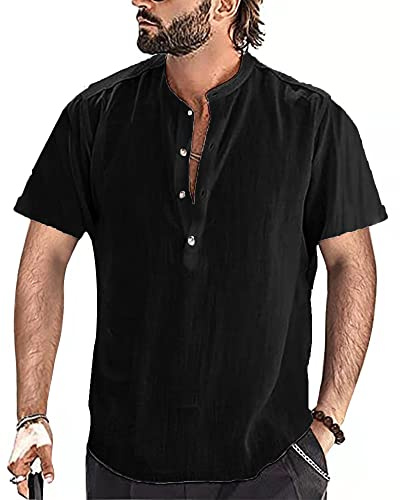 YAOBAOLE Chemise Lin Homme Slim Fit Chemise en Lin Homme Été Henley Hommes Manche Courte Chemises Col Mao Noir 3XL