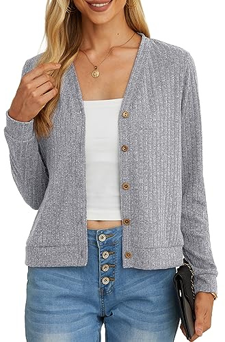 GRECERELLE Women's Crop Cardigan Summer Long Sleeve V-Neck Button Down Knit Lightweight Outerwear Shrug Shawl Bolero Cardigans for Ladies (Grey, XL)