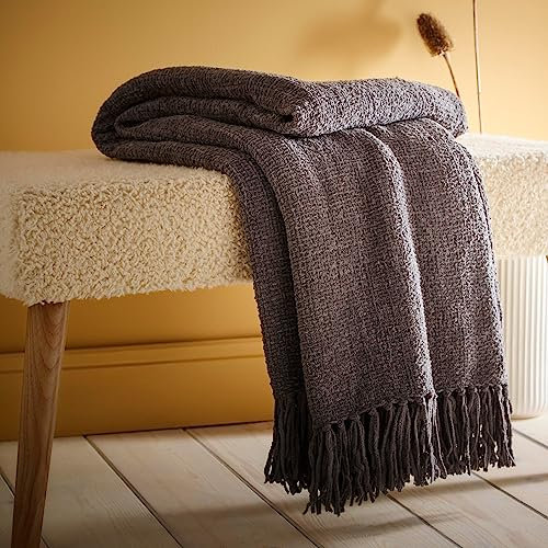 Appletree Grey Chenille Throw Blanket (130x180cm) – Textured Sofa Throw with Tassels – Slate Woven Knit Design – Charcoal Home Decor Accessory – Soft Dark Grey Layer for Bed or Couch