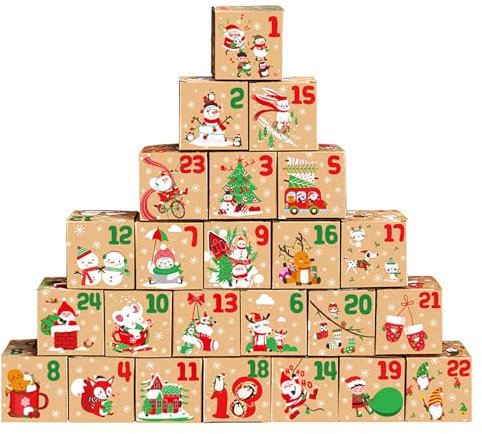 24 x Weihnachts-Countdown-Kraftpapier-Geschenkboxen, kleine Mini-leere Geschenkboxen mit Deckel für Geschenke, Leckereien, Snacks, Kekse, braune Süßigkeitenboxen für Weihnachtsfeier, Gastgeschenke, 70