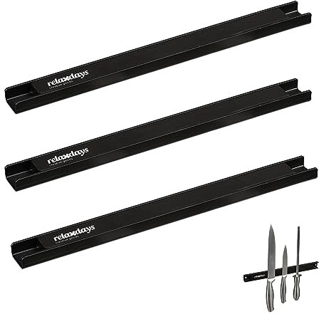 Relaxdays Set de 3 Imanes Cuchillos, 30 cm de Largo, Acero, Barras Magnéticas Herramientas, Atornillar a la Pared, Negro