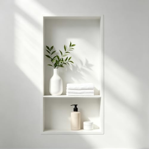 Bernkot Nicchia da Parete in Acciaio Inox 304 Bianco, Doppio Scaffale Doccia, 60 x 30 cm, Senza Piastrelle Necessarie, Montaggio a Scomparsa per il Bagno
