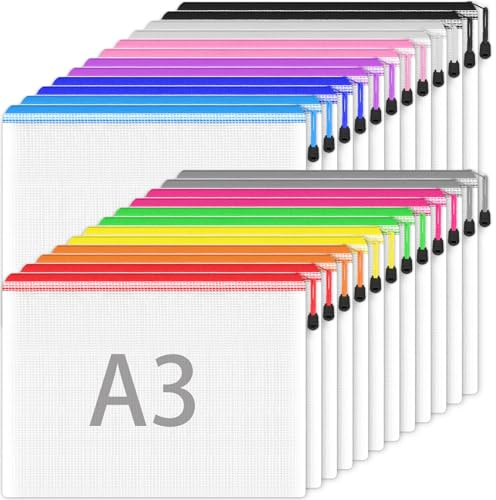 Smarpau 24 Stück Dokumententasche A3, Mesh-Taschen, Reißverschlusstasche | Wasserdichte Mesh Dokumentenmappen, Zip Beutel Mesh Zipper Bag für Schule, Büro, Reisen,Haushalt (12 Farben)