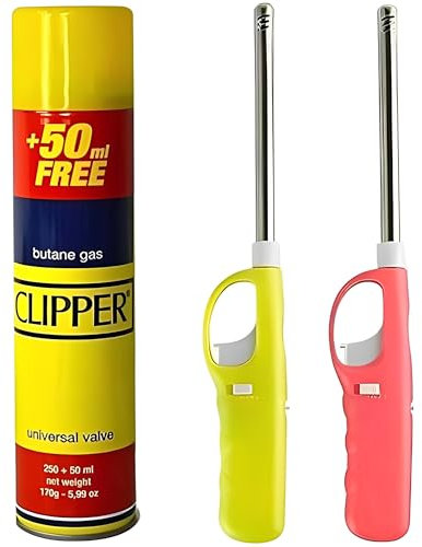 BML 2 x Candle Lighters Long Reach Adjustable Flame Safety Lock Windproof Refillable for Kitchen BBQ Candles Camping Gas Stove Outdoor Cooking with Clipper 300ml Gas Canister (Assorted Colours)