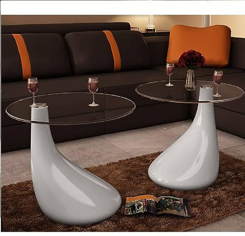 ZEYUAN Beistelltische mit runder Glasplatte 2 STK Tabletttisch, Blumenhocker, Nachttisch, Couchtisch, Wohnzimmer, Nightstand, Hochglanz Weiß