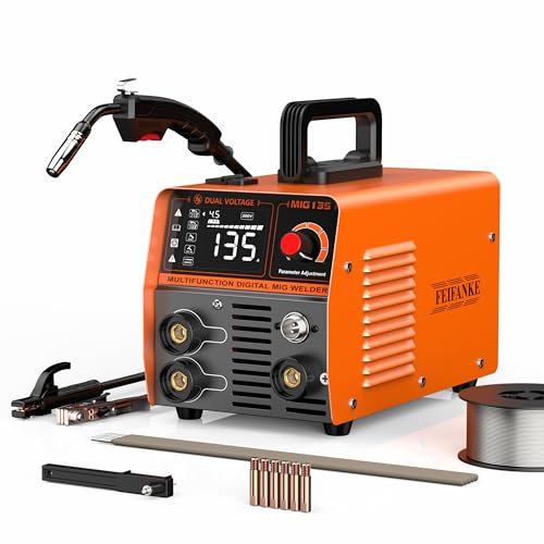 FEIFANKE Gasless MIG Welders 240V 135A Portable Welding Machine 3-in-1 MIG/ARC/Lift TIG Inverter Welder IGBT Synergy Stick Welder Smart Digital LED Dispaly with Flux Core Welding Wire and MIG Torch