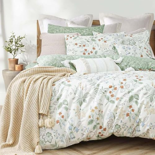 Lanqinglv Duvet Cover Set Double Bed Green White Floral Leaves Leaf Botanical Reversible Bedding Set Soft Quilt Cover 200x200cm with Zipper Closure and 2 Pillowcases 50x75cm