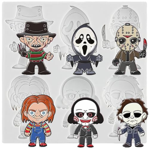 MINFEIDMS Stampi in silicone con personaggi horror, personaggi del film spaventoso, stampo per fondente di Halloween, per decorare torte di zucchero, cupcake, caramelle, cioccolato, pasta di gomma,