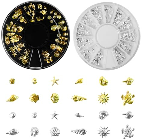 2 Disc Ocean Nail Charms - 12 Styles Silver & Gold - Beach Starfish, Sea Seashell - 3D Nail Gems Jewelry for DIY Nail Art