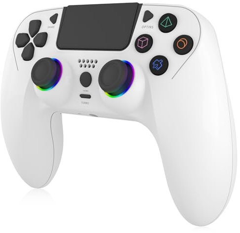 Controller Wireless per PS-4, Controller di Gioco Compatibile con PS4/Slim/Pro/PC, Joystick Gamepad con LED RGB/Doppia Vibrazione/Sensore Giroscopico a 6 assi/950 mAh Batteria/Pannello Touch, Bianco