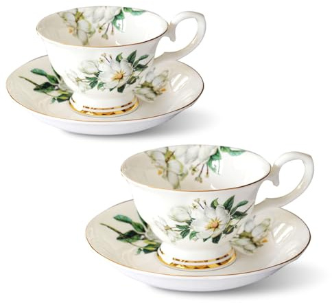 Tasse aus Porzellan 2er Set, Bone China Kaffeetassen mit Untertassen 200 ml
