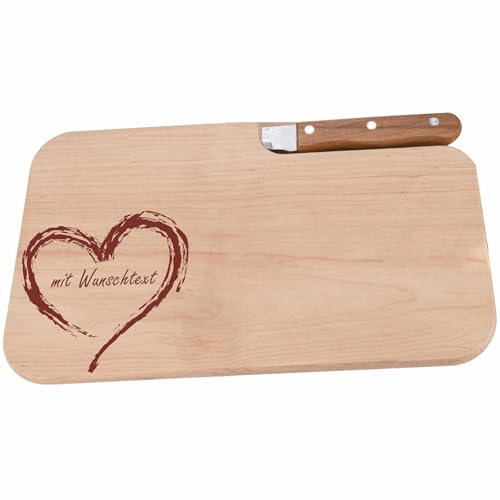 KIWISTAR UG - Personalisiertes Scheidebrett graviert aus Holz mit Messer - Erle - 26 x 15,5 x 1,2 cm - Herz - mit Wunschtext und Name individuell personalisiert - Küche zum kochen Essen zubereiten