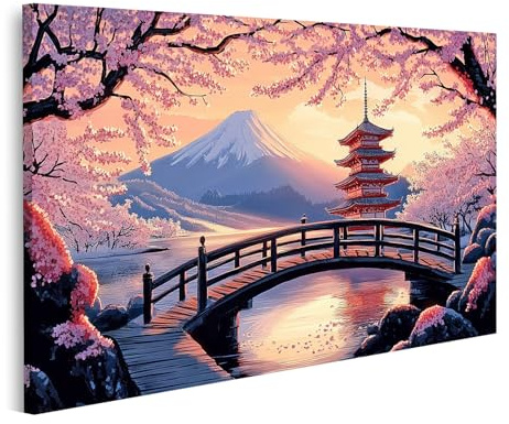 Islandburner Tableau sur toile Paysage japonais avec cerisiers en fleurs et pagode pour salon Amoureux du Japon Images japonaises Photos murales Poster