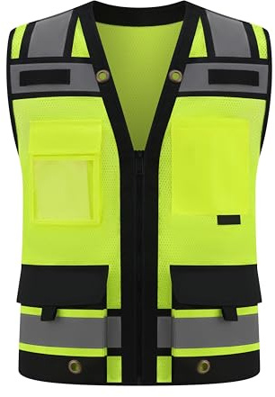 Gasoline Class 2 High Visibility Reflective Safety Vests Women & Men With 15 Pockets And Zipper Front,Meets Ansi/Isea Standards (Yellow_body Black Trims, Small)