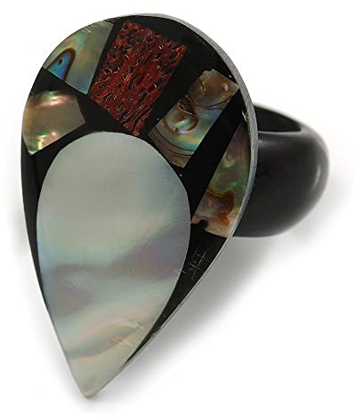 Avalaya 35 mm/silver/svart/röd tårdroppe form snäckskal ring/handgjord/liten variation i färg/naturliga ojämnheter, En storlek, plast, snäckskal, Ingen ädelsten