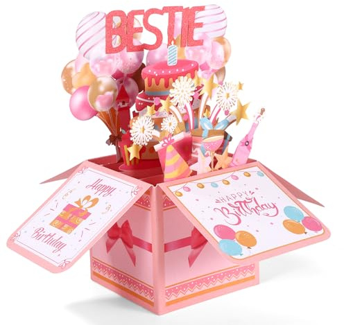 Gosknor Bestie Geburtstag Pop up Karte, Lustig 3D Geburtstagsgrußkarte mit Umschlag Kreatives Geschenk für die Beste Freundin Mädchen Frauen Party Dekoration Andenken