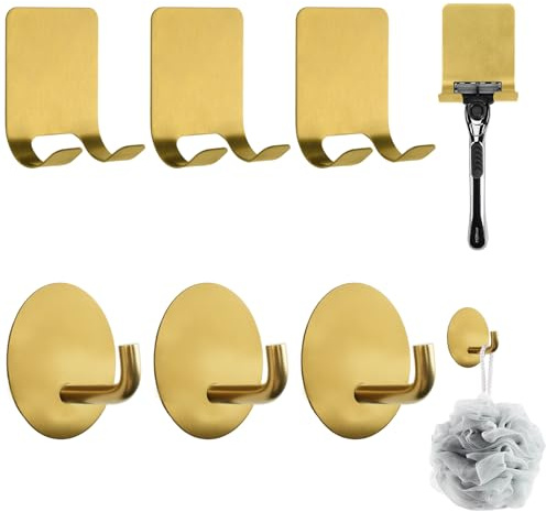 MOROBOR 4er-Pack selbstklebender Rasiererhalter und 4er-Pack Utility-Wandhaken, Gold-Rasiererhalter, Handtuchhaken, wasserdichter Aufbewahrungsaufhänger aus Edelstahl für Handtücher, Badezubehör für K