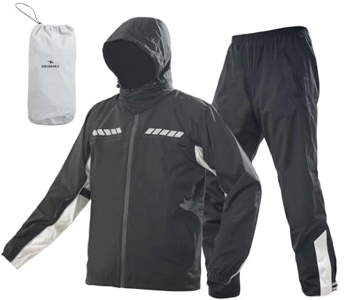 VIKAMAKA Waterproof Motorcycle Men's Rain Suit, Breathable Lightweight Hooded Reflective Rain Gear, Rain Jacket and Pants for Men(Black&Grey, Medium)