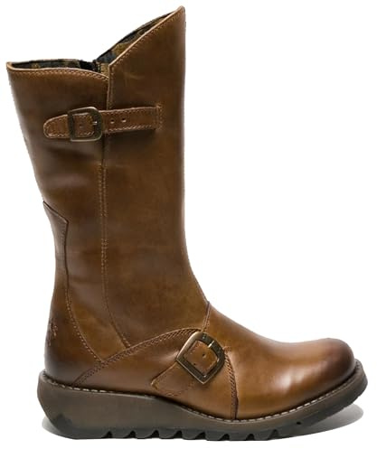 Fly Womens Camel MES 2 Wedge Heel Buckle Mid-Calf Leather Zip Platform Boots