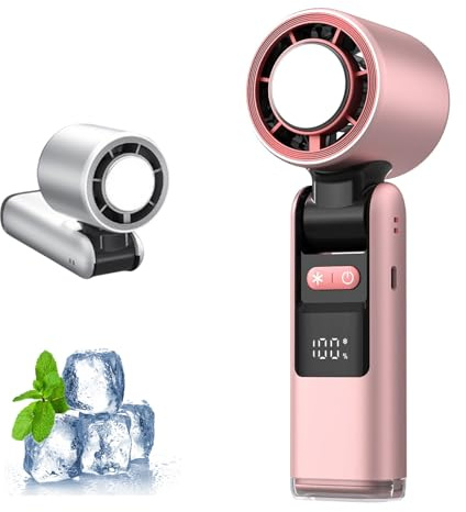 Moskado Handheld Turbo Fan with Ice Cooler, Portable High Speed Mini Fan with LED Display, 100-Speed Adjustable Foldable Cooling Fans for Travel, Office, Camping, Home - Ideal for Women & Men (Pink)