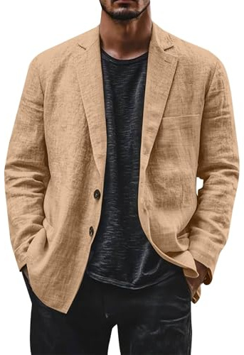 Linen Blazer Men Leisure Suit Jacket Two Button Lightweight Sports Coats Loose Fit Business Office Blazer Solid Color Versatile Suit Jacket Notch Lapels Suits Jackets with Pocket