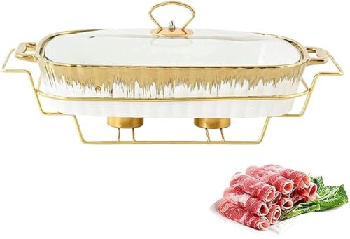 Chafing Dish, Ceramics Chafing Dish Buffet Set, Underglaze Rectangle Buffet Chafers WGlass Transparent Lid amp; Chafing Fuel Holder, Winter Food Warming(34.5cm)