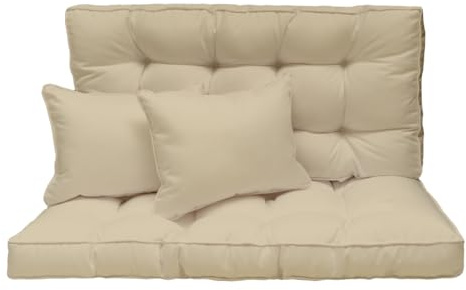 Hollywoodschaukel Auflage 120x50 cm - 2-Sitzer Set: Sitzkissen und Rückenkissen – gesteppt & dick gepolstert 10 cm – Kissen für Gartenbank, Palettenbank, Balkonbank & Terrasse – Farbe: Beige [133]