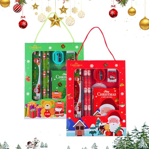QITHGYD 2 Sets Weihnachten Schreibwaren Kinder, Weihnachtsstifte Bleistift Radiergummi Lineal Notizbuch, Weihnachtsgeschenke Kleinigkeiten für Adventskalender Schule Schüler Jungen Mädchen
