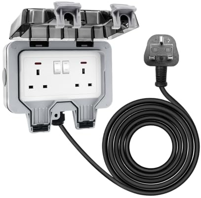 Double Socket Box, Double Outdoor Socket with 13Amp 2 Gang Outside Plug Socket, IP66 Waterproof Dual Socket with LED, Wall Electrical Outlet Cover Box for Garage, Garden, Yard (3M Cable)