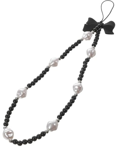 VALICLUD Correa para Teléfono Móvil Cuentas Negras Forma de Perla y Lazo Decorativo Cadena Antipérdida Ligera y Resistente Pulsera Colgante para Smartphone Oficina Escuela y Viajes