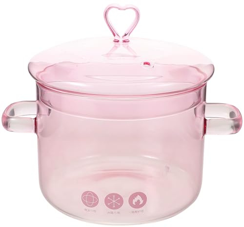 Glastopf für Herd Ml aus Borosilikatglas mit Griffen | Herzförmiger Rosa Deckel, Transparentes Kochen, für Mikrowelle und Kühlschrank, Tägliches Kochen