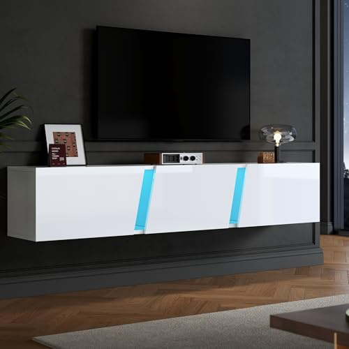 Generisch Meuble TV mural 180 X 35 X 30 Cm, meuble TV laqué avec éclairage LED, support TV avec 3 portes, adapté pour les téléviseurs de 75 pouces, blanc