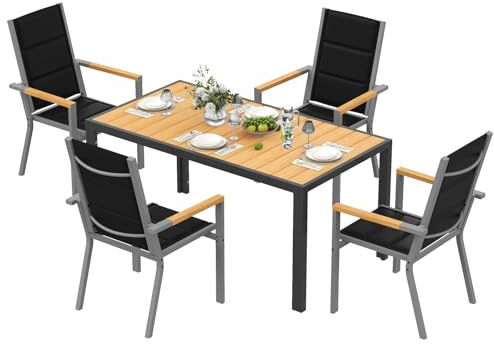 Devoko Set di Arredo da Giardino 4 Persone, Set di Tavolo 150 cm Design a Vena di Legno e 4 Sedie Impilabili da Esterno in Alluminio, Ideale per Cortile, Terrazza o Ai Margini della Piscina, Naturale
